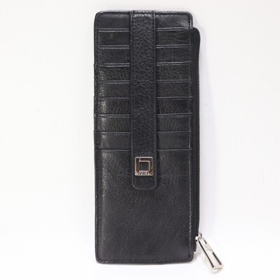 Lodis Credit Card Wallet Black Leather Stacking ID Strap Silver Tone Logo  Zip