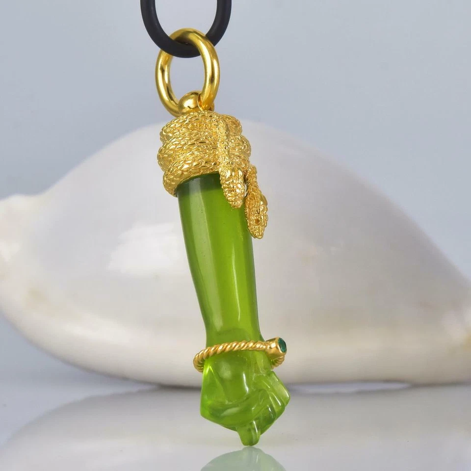 Gold Vermeil Sterling Mano Fico Figa Anhänger Geschnitzt Chalzedon Smaragd 10.69 - Bild 3 von 4