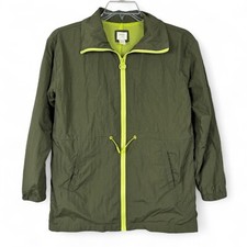 Forever 21 Girls Full Zip Jacket Windbreaker Size 13/14 Olive Green Neon Lining