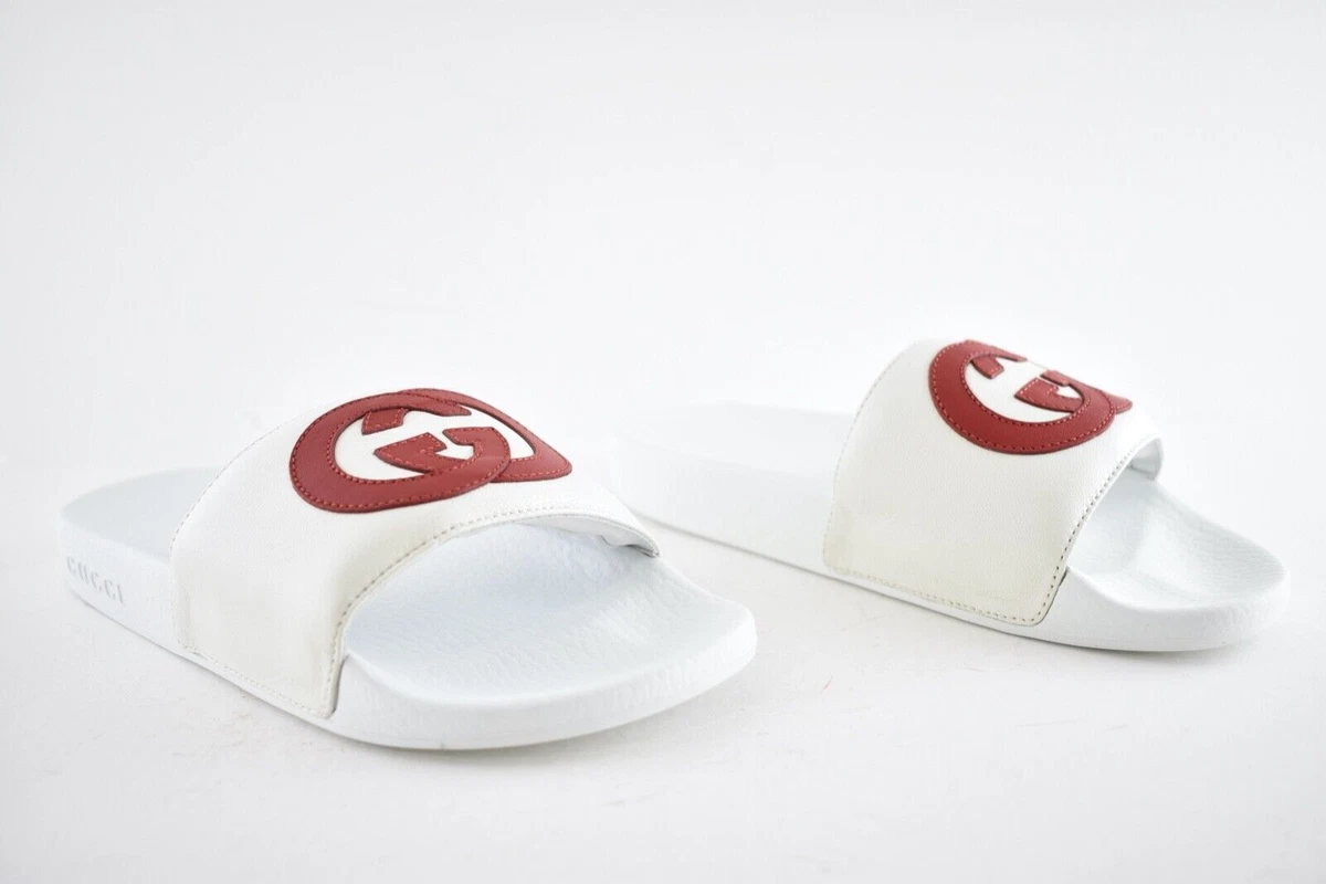 Gucci Pursuit Slides White Red Nappa Leather GG Logo Flat Flip