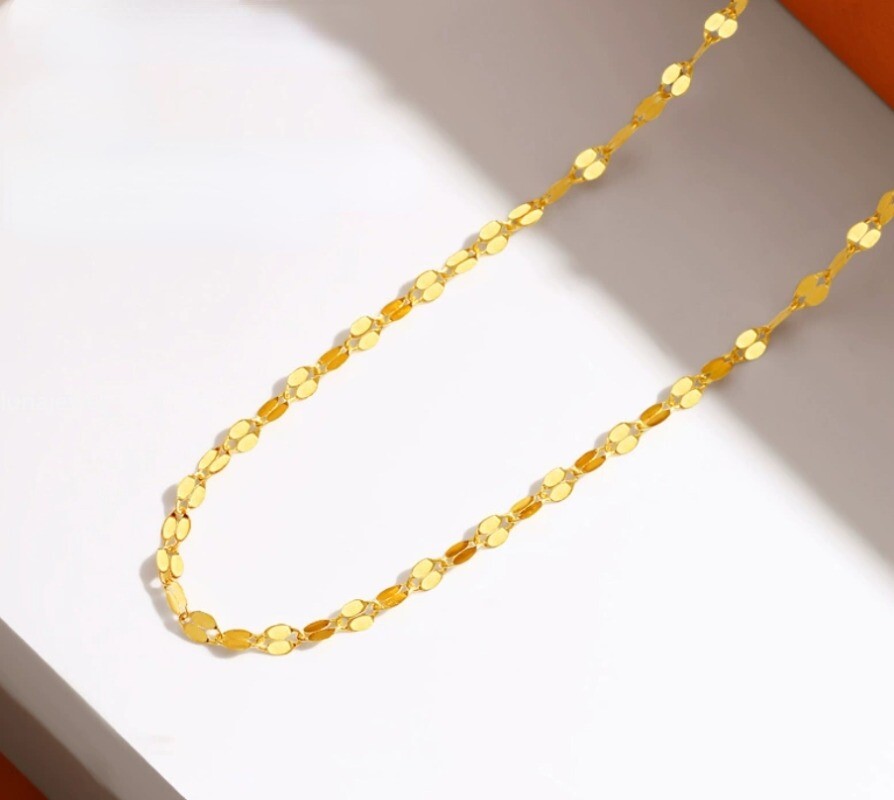 Pure 18K Yellow Gold Chain Women Lucky Lip Chain Link Necklace 18