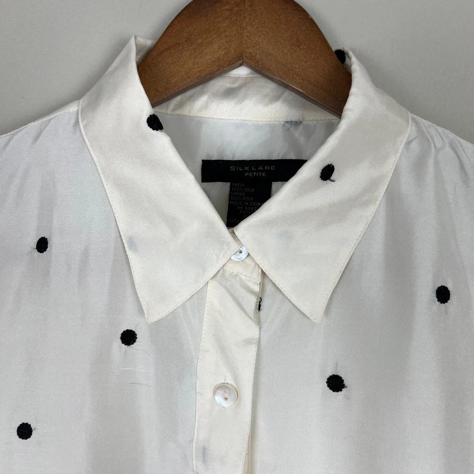 Blusa Silkland Mujer Pequeña Mediana PM Blanca Negra Lunares 100% Seda Abotonada Foto 3 de 4