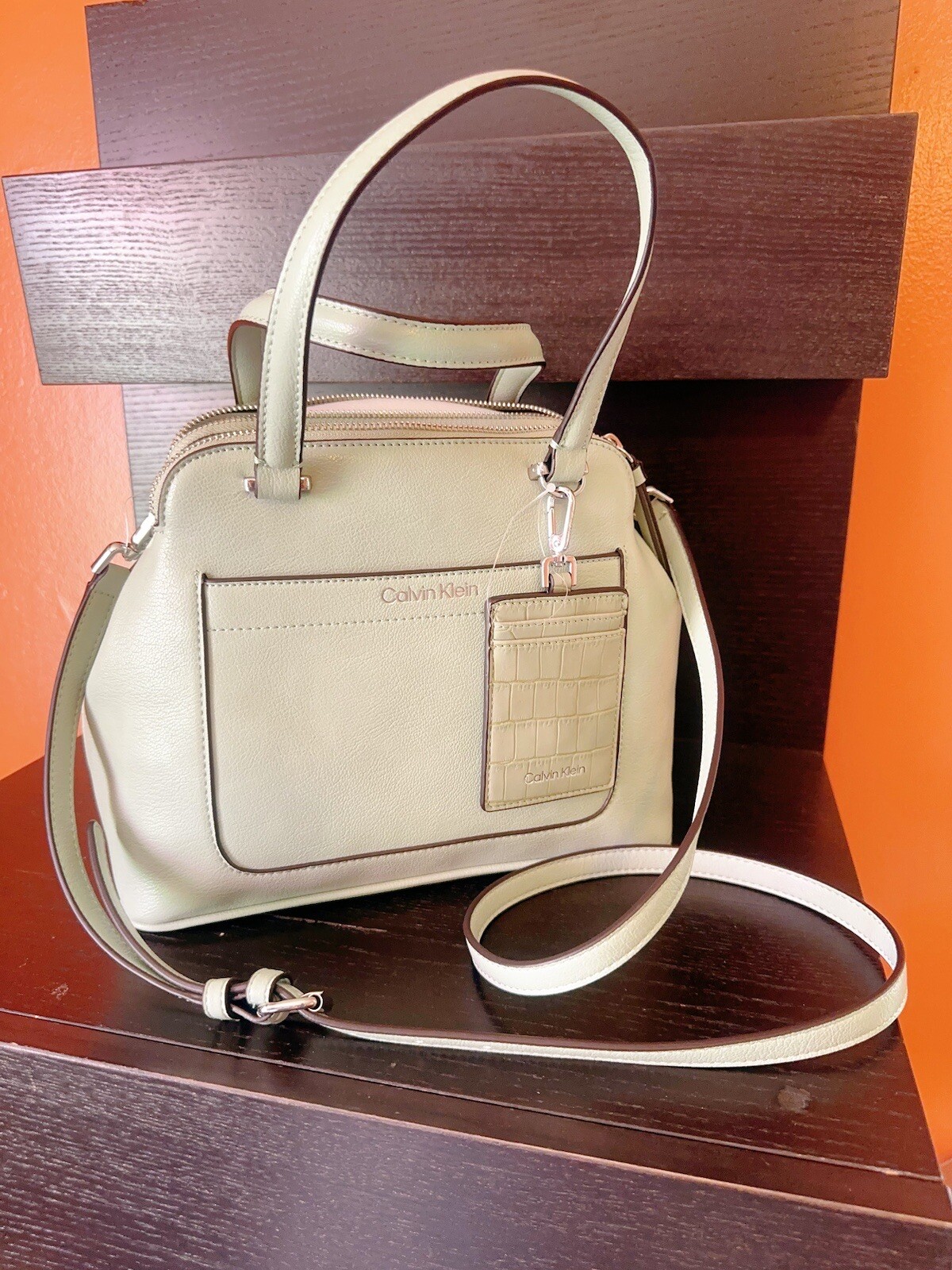 Calvin Klein desert sage Garnet Triple Compartment Zipper Satchel  