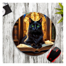 BLACK CAT LIBRARY BOOK 8" ROUND CUSTOM PC MOUSE PAD DESK MAT D3 SCHOOL WORK GIFT