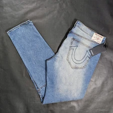 True Religion Rocco Mens 36x32 Moto Relaxed Skinny Denim Jeans Light Hazy Wash