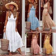 Women Maxi Dress Long Holiday Polka Dots Boho Crochet Lace V Neck Ladies Summer