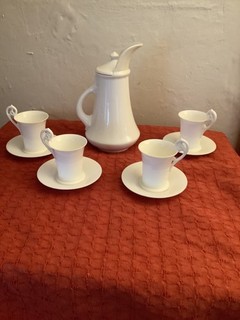 Antikes Coalport Schokoladenset Topf 4 Tassen Fledermausgriffe 4 Untertassen um 1895