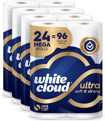 White Cloud Ultra Soft & Strong Toilet Paper, 4 packs of 6 Mega Rolls = 96 Re...