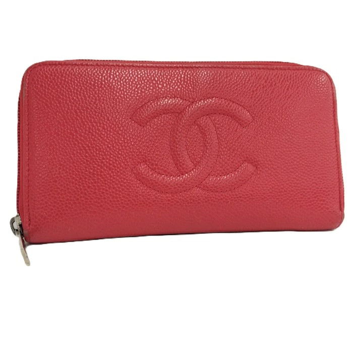 Used CHANEL Round Zipper Long Wallet Coco Mark Caviar Skin Leather Red UQ510090