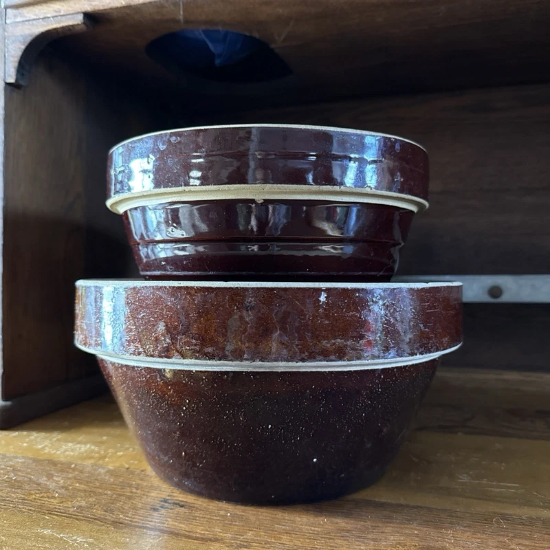 Vintage Brown Stoneware Mixing Bowls Lot