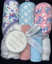 Modern Baby Girls 6pc Hooded Towels, Washcloths Set Pink flowers butterflies