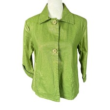 Chico's women's 0 metallic green linen blend blazer jacket 3/4 sleeve button up