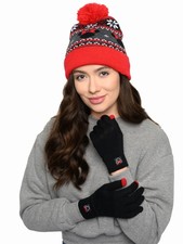 Minnie Mouse Knit Hat Texting Gloves Red Gray 2-PC Set Women's Disney Beanie