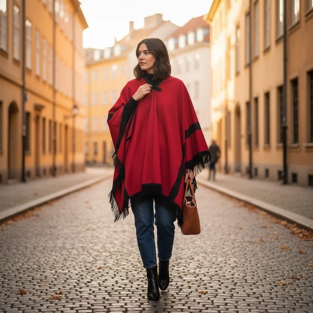 Vintage Red Fringe Poncho Cape Boho Western Festival Statement Wrap Wool Blend