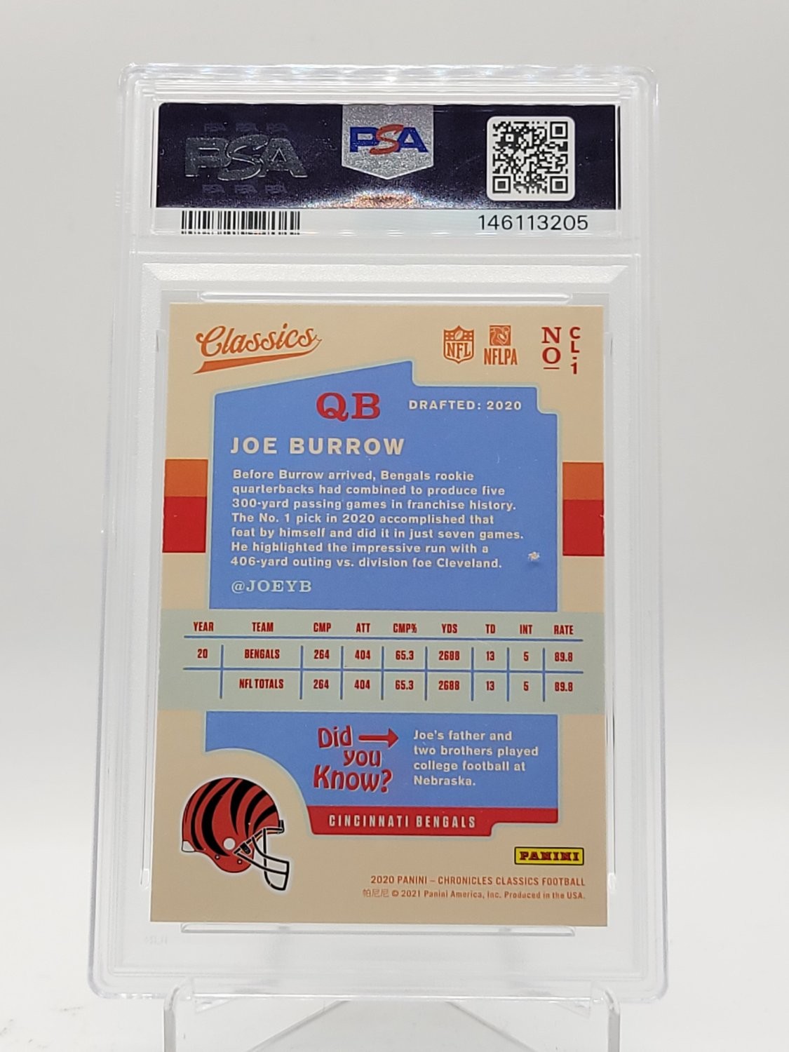 JOE BURROW 2020 PANINI CHRONICLES CLASSICS ROOKIE RC #1 BENGALS PSA 9 Q7629 view 2
