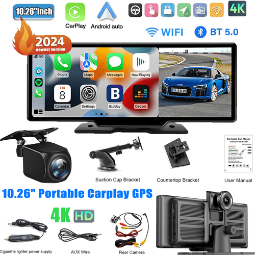 10" Portable Wireless Apple Carplay Android auto Car Stereo Radio Back /Dash Cam - Picture 2 of 14