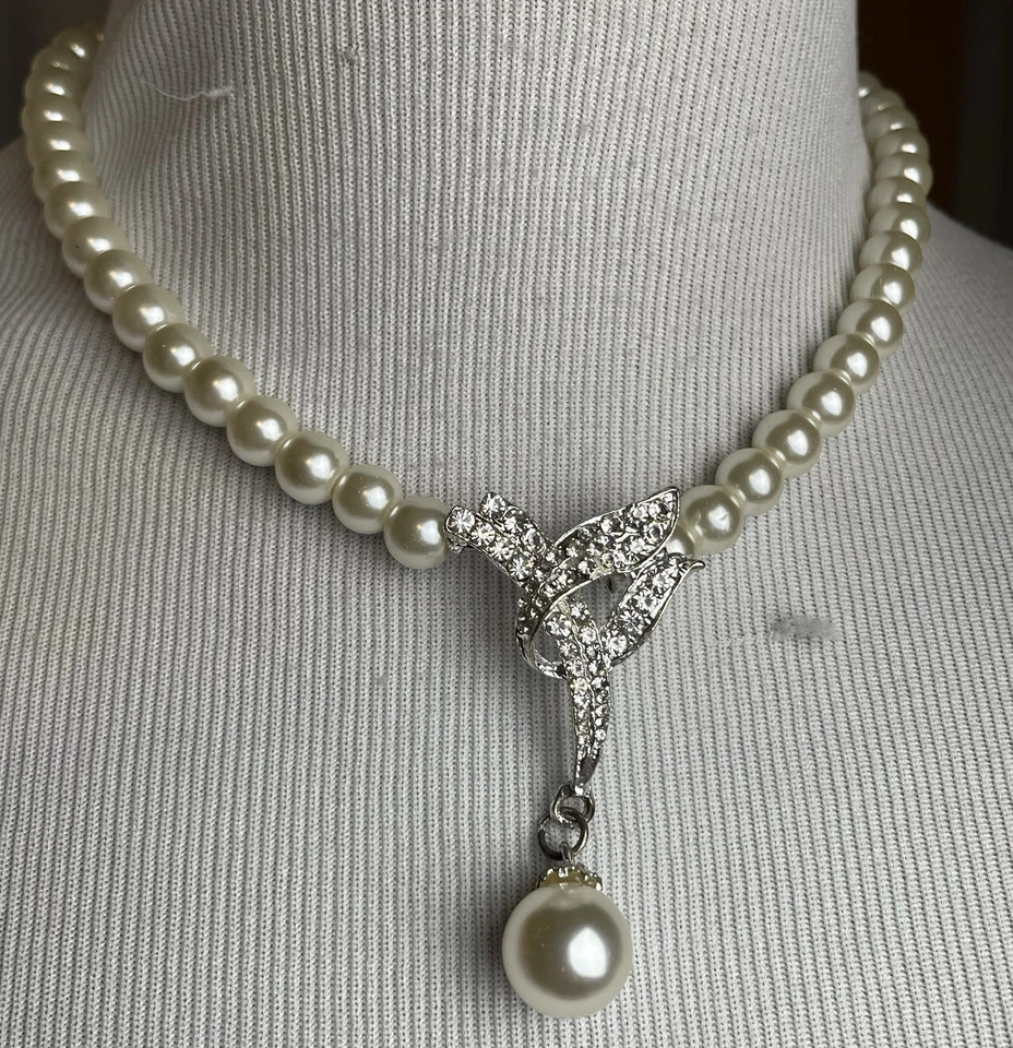 80 年代人造珍珠声明项链项链水钻吊坠 — 第 2/4 张图片