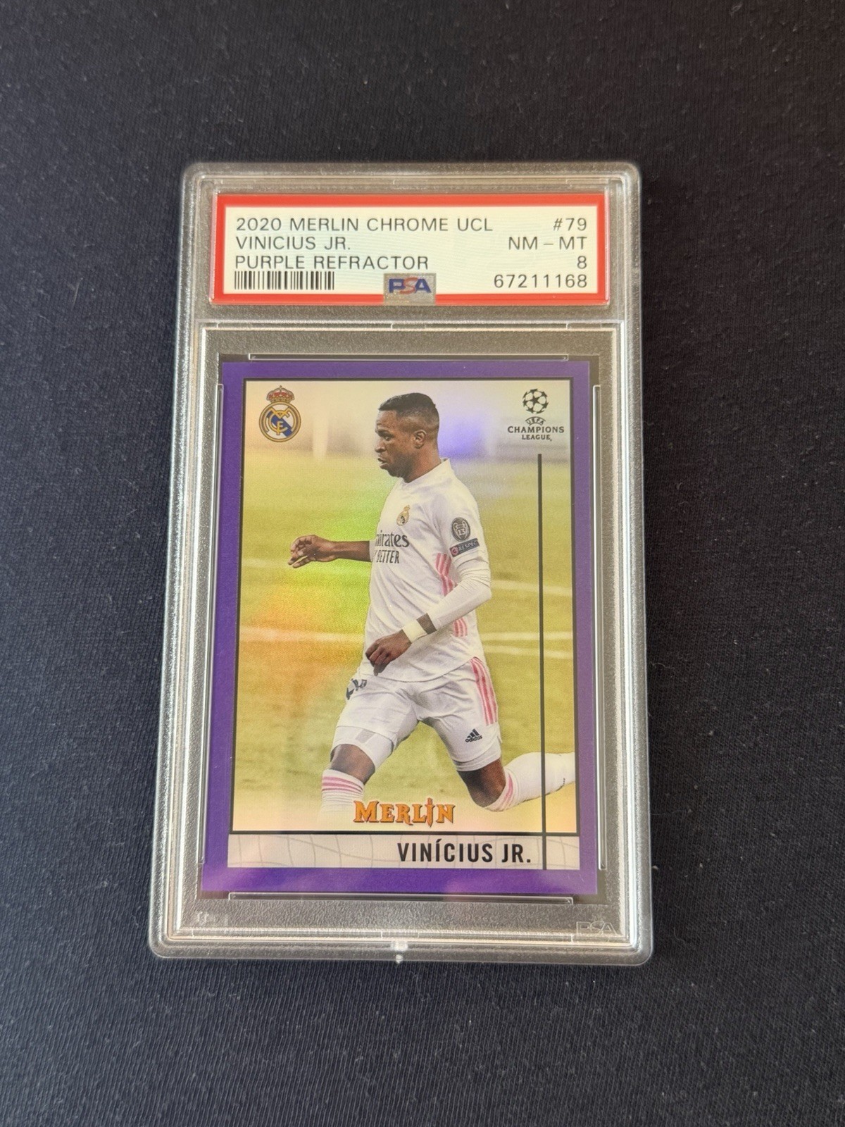 2020 Topps Merlin Chrome UCL Purple Refractor #31 Vinicius Jr /299 PSA 8 Madrid