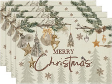 Pine Branch Ornament Merry Christmas Placemats Set of 4, 12x18 Inch Seasonal Win