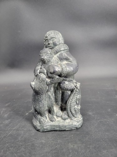Vintage Wolf Original Canada Soapstone Hand Carved Inuit Man w/ Dogs Sculpture - Picture 1 of 24