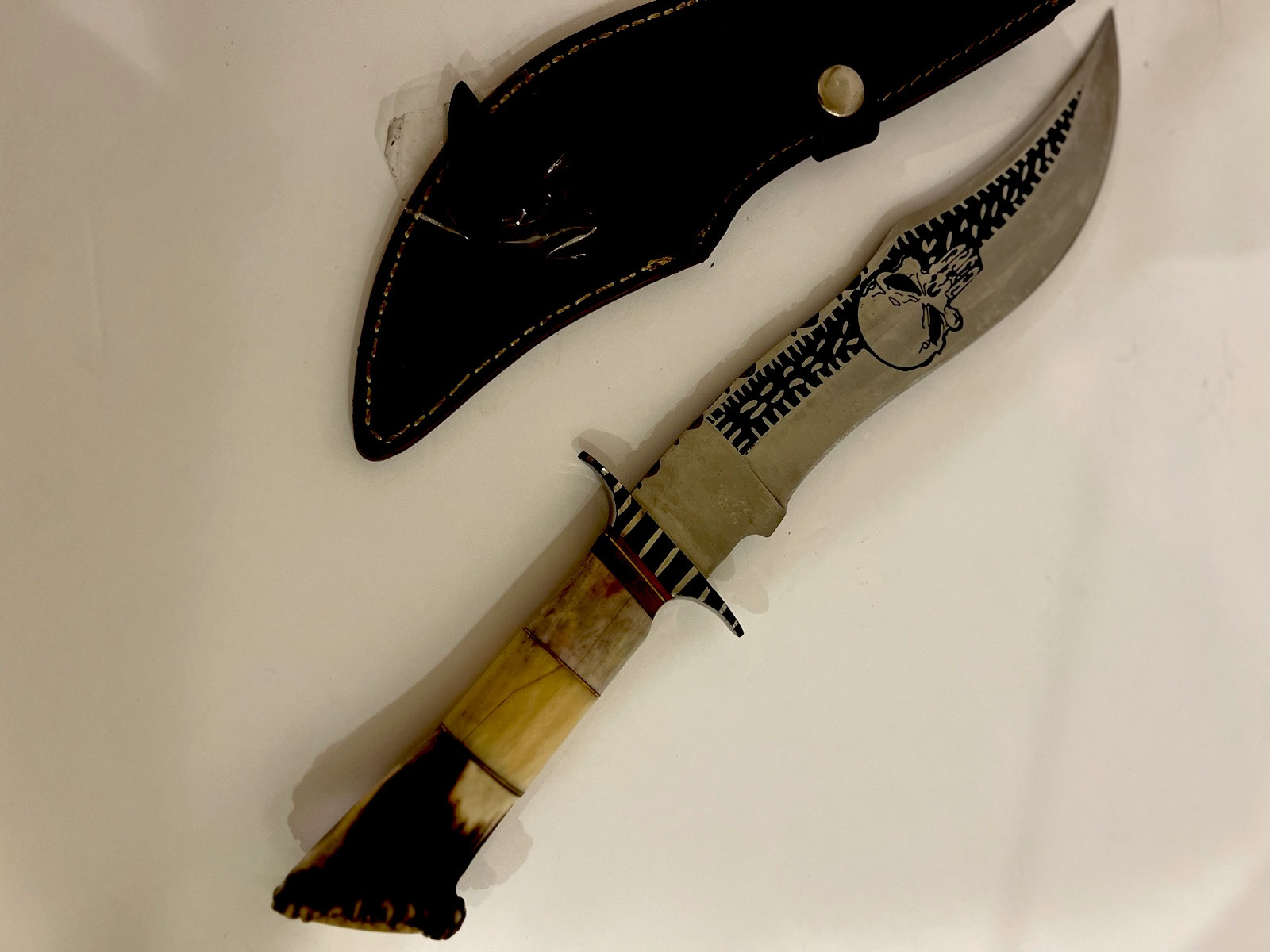 Cutlery Salvation D2 Handmade 14" Double Etched SKULL Springhaw Handle W Sheath