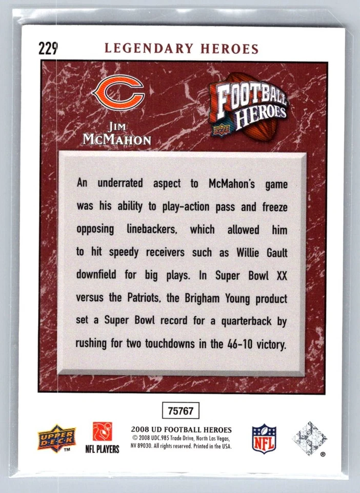 Jim McMahon 229 2008 Upper Deck Heroes Chicago Bears Card - Image 2 of 2