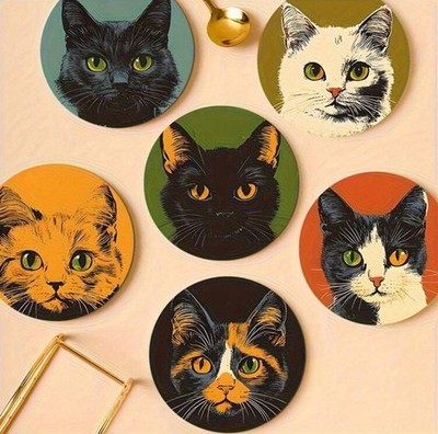 6er Pack Holzuntersetzer im Katzen-Design für Getränke - Größe 10 cm 