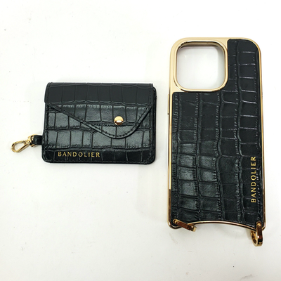 Bandolier Blk Crocodile Embossed Gold Credit Card Holder Phone