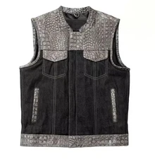 Black & Gray Leather Denim Vest – Crocodile Embossed Biker Waistcoat for Men