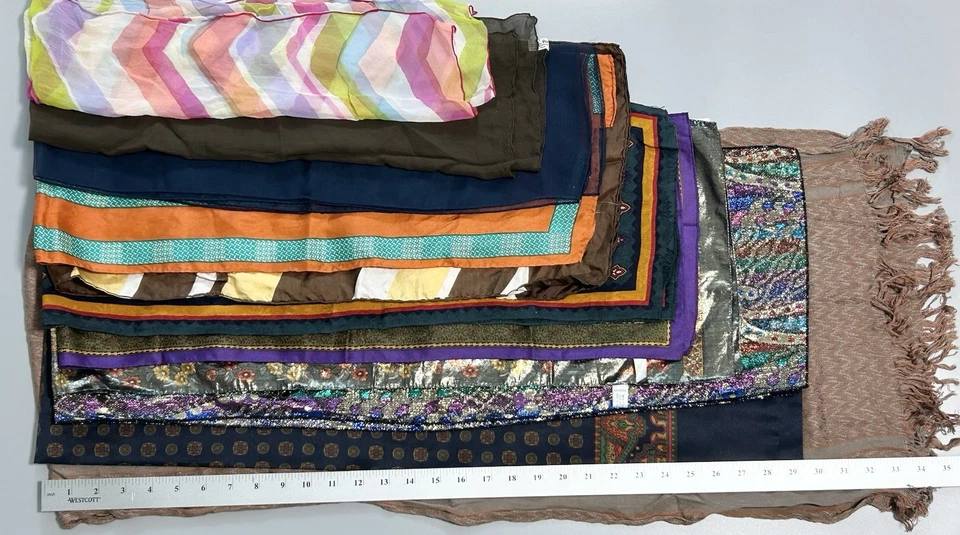 Lote De Colección De 11 Bufandas Largas Colores Mezclados Pequeñas - Grandes Rectangulares Seda Rayón Foto 4 de 4