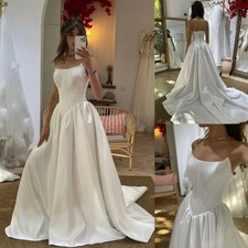 Sleeveless Wedding Dresses Satin White A Line Strapless Ivory Bridal Gowns