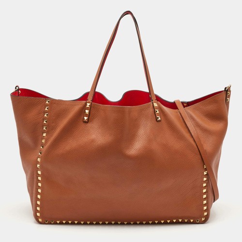 Valentino Rockstud Brown Leather Reversible Shopper Tote
