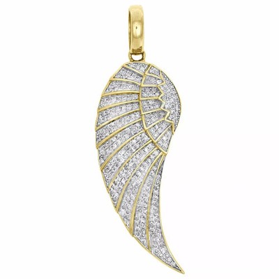 14K Yellow Gold Finish Diamond Angel Wing Feather Pendant 1.8''Pave Charm 1.30CT.