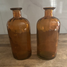 Lot of 2 Amber Glass Wide Mouth Apothecary Bottles, 8 in tall each