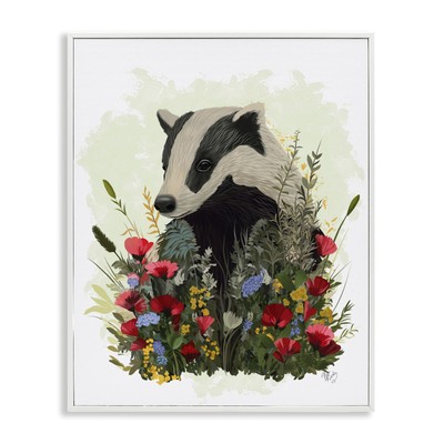 Badger with Poppy Blossoms Framed Giclee Art Design by Fab Funky