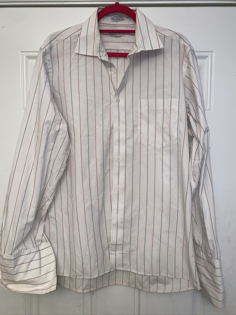 Vtg Christian Dior White Blue Striped Cotton Dress Shirt Mens cuff