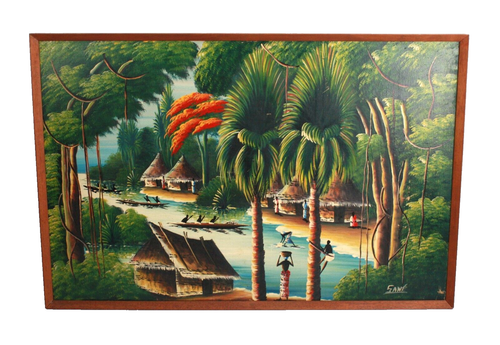 Mid Century Haitian Folk Art Oil Painting Signed Zane On Board