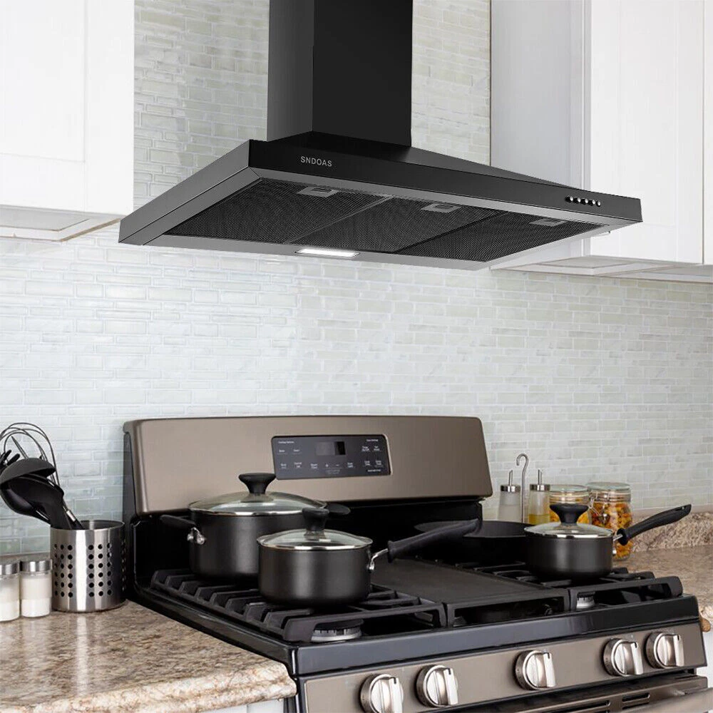 30 / 36 inch Wall Mount Range Hood 450CFM Stainless Steel Kitchen Vent  Black