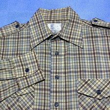 Vintage 70s 80s Sears Brown Plaid Front Button Down Shirt Men's Size Medium
