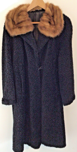 True Vintage 50s/60s Black Boucle Wool Coat With Added Mink Collar Sz 16 - Picture 8 of 11