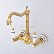 Bathroom Gold Wall Mounted Faucet Double Handle/Hole Brass Mixer Basin Sink Tap