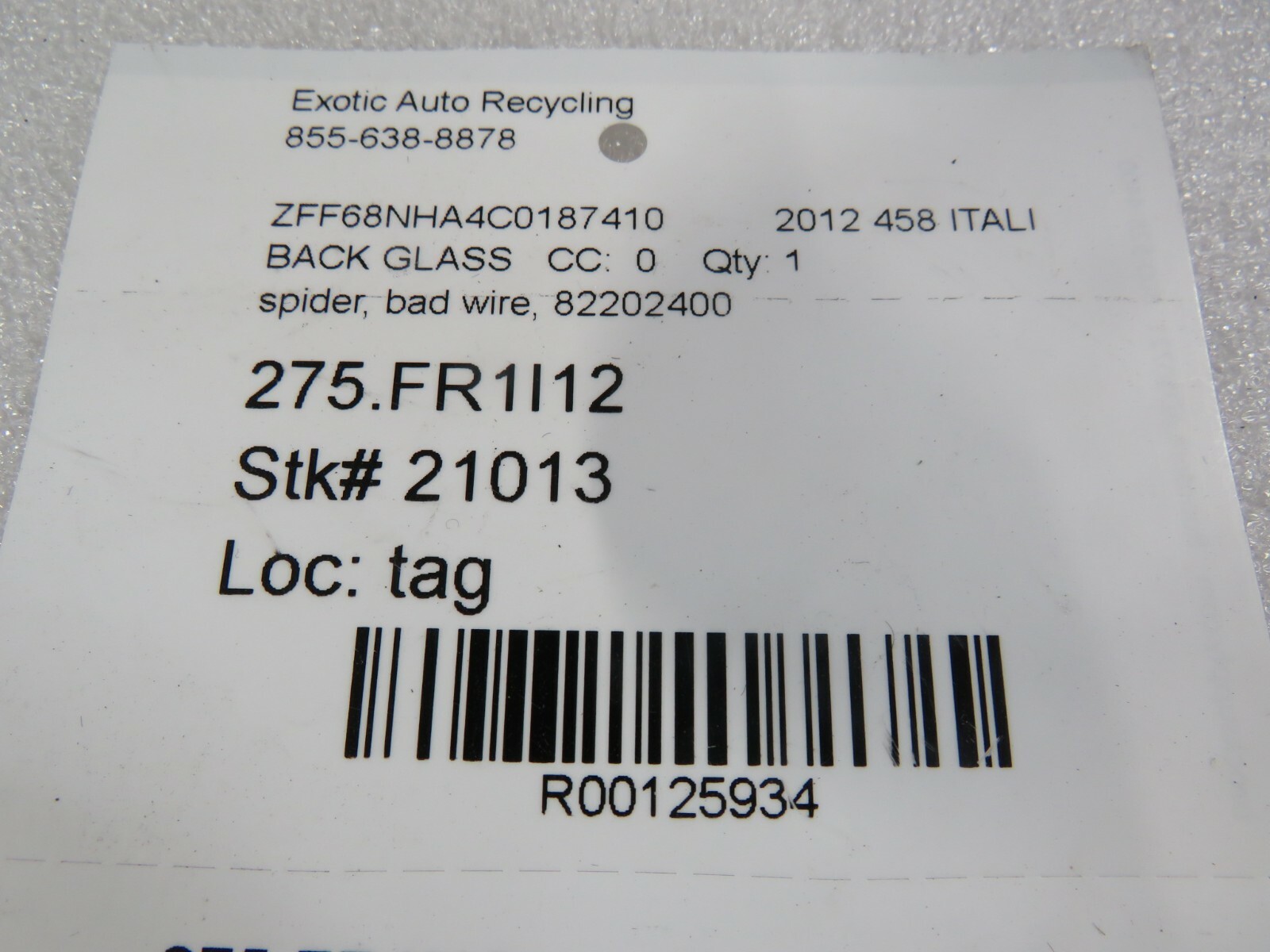 Ferrari 458 Italia, Spider, 488, Back Glass, Bad Wire, Used, P/N 82202400
