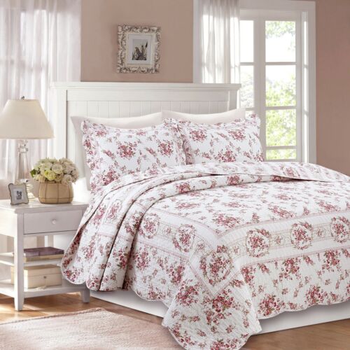 Shabby Chic Vintage Rose 100% Cotton Quilt Set, Bedspread, Coverlet - Picture 1 of 7