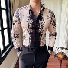 Floral Shirt Men's Long-sleeved Slim Fit Silk Shirt Fashion Printed Top Casual