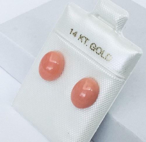 Natural Pink Coral 7 x 9 mm Oval Cabochon Solid 14K Gold Stud Earrings NEW - Picture 3 of 8