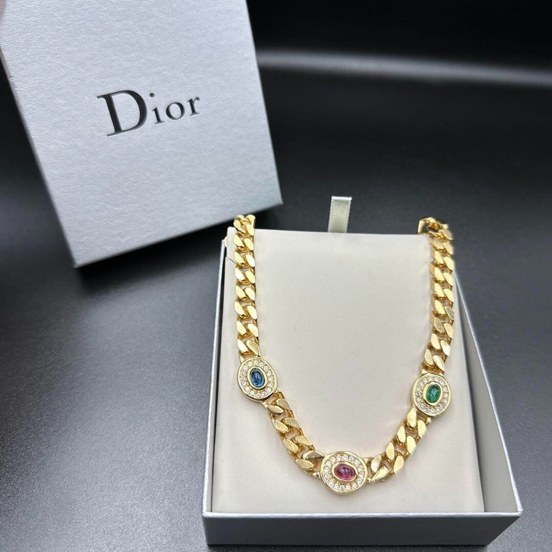 美品　CHRISTIAN DIOR メタリックゴールド ゴートスキン　y05 Vintage Christian Dior Multi Colored Stone Gold Tone