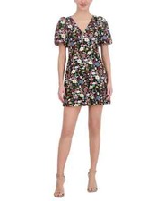$198 Eliza J Women's Puff-Sleeve Floral Dress, Black Multi, size-4