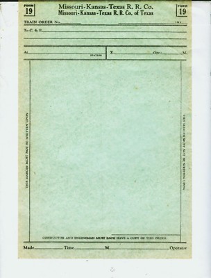 M-K-T (KATY) BLANK FORM 19 TRAIN ORDERS (8) JOINT WITH MKTT, PRINT DATE 193-.  