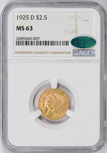 1925-D INDIAN HEAD $2.5 QUARTER EAGLE GOLD NGC MS63 CAC