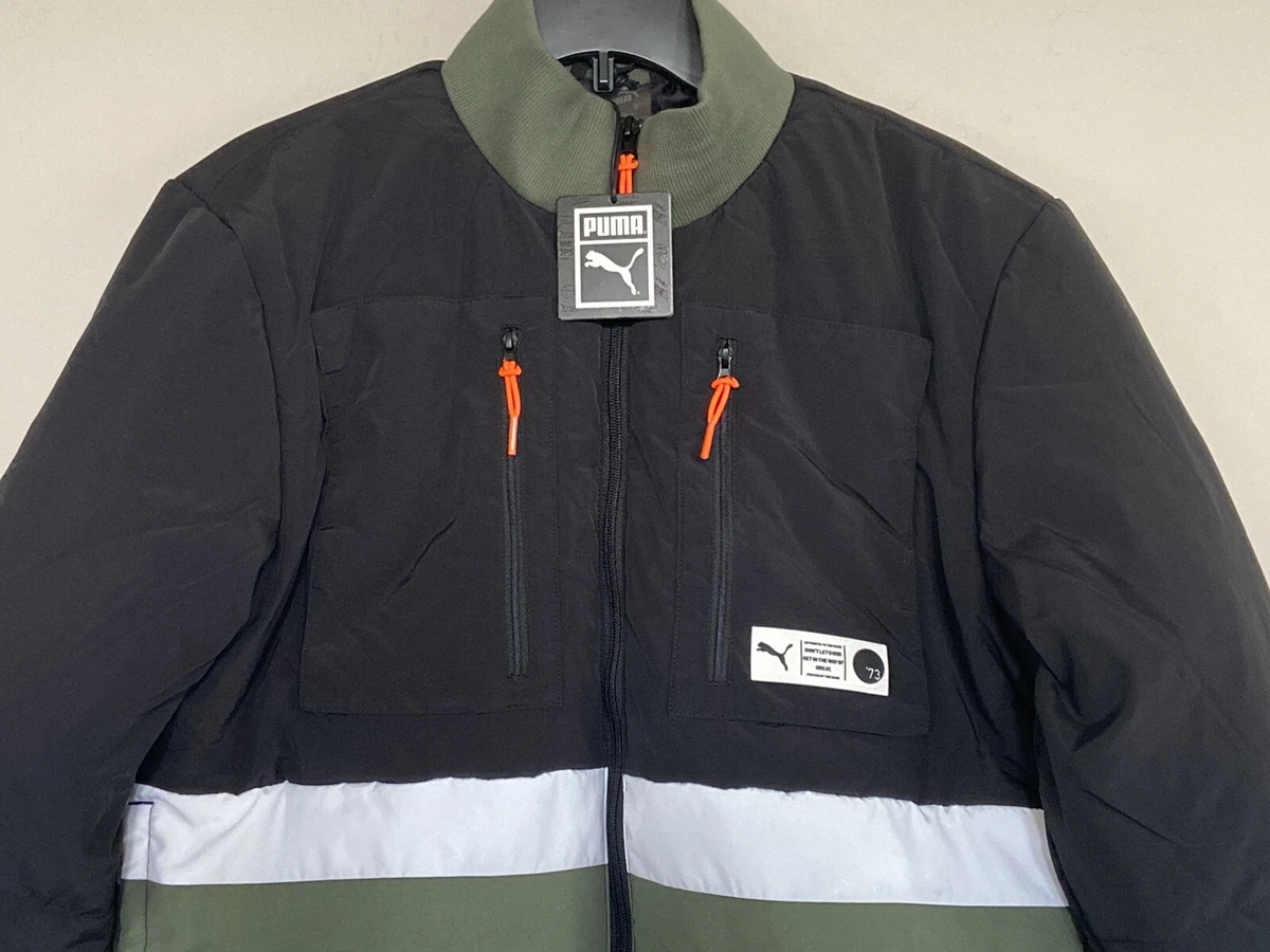 Puma Parquet Puffer Full Zip Front Pocket Mock Neck Jacket Black Olive S  $250 | eBay